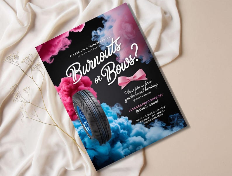 K&ouml;nnte beinhalten: Eine Einladung zu einer Gender-Reveal-Party mit schwarzem Hintergrund und rosa und blauem Rauch. Der Text lautet "Burnouts oder Bows?" mit einer rosa Schleife und einem Reifen. Die Einladung enth&auml;lt den Text "Bitte schlie&szlig;en Sie sich uns zu einer Gender-Reveal-Party an, die (Elternnamen) ehrt. Bitte RSVP (Elternnamen)."
