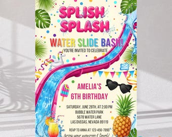 Water Slide Birthday Invitation: Girl Splash Pool Party (Canva Template, 5x7 inch, Digital Download
