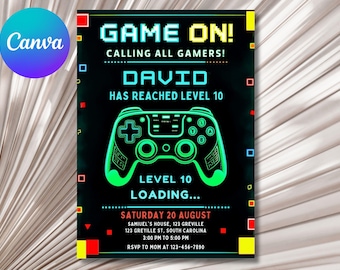 Video Game Birthday Invitation: Neon Gamer Party (Editable Template, Instant Download)
