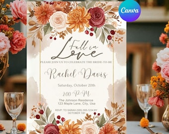 May include: A wedding invitation with the text "Fall in Love" and "Rachel Davis" in elegant script. The design features a floral border with orange, red, and cream-colored flowers. The invitation includes the date, time, and location.