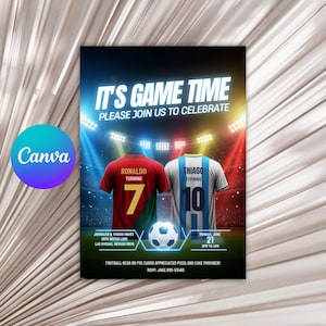 May include: A digital invitation with the text "IT'S GAME TIME, PLEASE JOIN US TO CELEBRATE." Features two soccer jerseys, one red with the number 7 and one blue with the number 10, and a soccer ball. The invitation is for a birthday party.