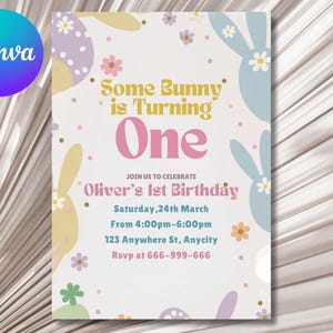 Bunny 1st Birthday Invitation: Editable Daisy Floral Design (Digital Download)