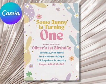 Bunny 1st Geburtstagseinladung: Bearbeitbares Daisy Blumenmuster (Digitaler Download)