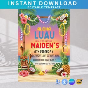 Editable Luau Birthday Invitation, Any Age Hawaiian Party Invite, Tropical Aloha Luau Canva Template, Instant Download Birthday Invitation