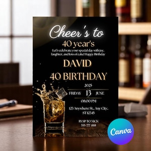 Invitación de cumpleaños de whisky para hombres: invitación digital editable, temática de whisky escocés, para cualquier edad (30, 40 o 50 años) con plantilla de Canva.