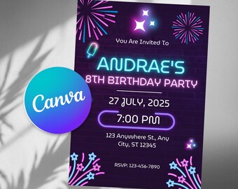 Editable Glow Birthday Party Invitation Template, Girl Boy Neon Party Invite, Neon Lights Glow Kids Template, Glow Evite, Glow Crazy Invite