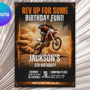 May include: A birthday party invitation with a motocross theme. The design features a dirt bike rider mid-air, with text that reads "Rev Up For Some Birthday Fun!" and details for Jackson's 8th birthday.