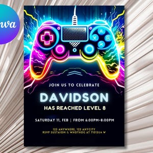 Editable Neon Game On Level Up Gaming Birthday Party Invitation, Video Game Birthday Invitation, Glow Game Party Printable Canva Template