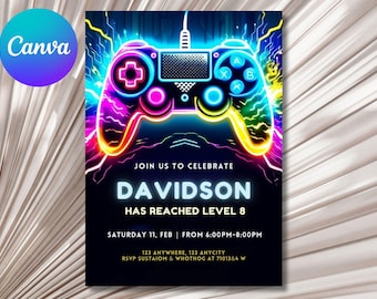 Verjaardagsuitnodiging neongame op: bewerkbaar videogamefeestje (canvasjabloon)