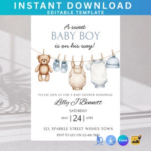 Könnte beinhalten: Babyparty-Einladung mit dem Text "A sweet BABY BOY is on his way!" und Illustrationen von Babykleidung und einem Teddybären. Die Einladung enthält den Namen Lilly I Bennett, Datum, Uhrzeit und Adresse.