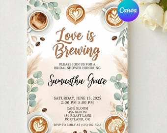 Invitación para despedida de soltera con temática de café: Eucalipto en acuarela (Descarga digital)