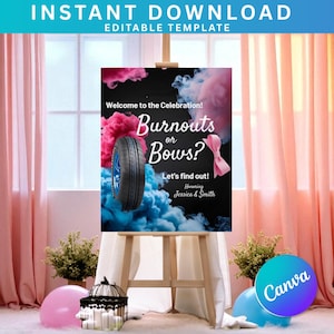 Puede incluir: Un letrero en un caballete con el texto "Burnouts or Bows?" rodeado de humo rosa y azul, un neumático y un lazo rosa. El letrero es para una celebración en honor a Jessica & Smith. Las palabras "Descarga instantánea" y "Plantilla editable" están en la parte superior.