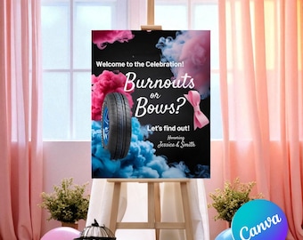 Könnte beinhalten: Ein Schild auf einer Staffelei mit dem Text "Burnouts or Bows?" umgeben von rosa und blauem Rauch, einem Reifen und einer rosa Schleife. Das Schild ist für eine Feier zu Ehren von Jessica & Smith. Die Worte "Sofort-Download" und "Bearbeitbare Vorlage" stehen oben.