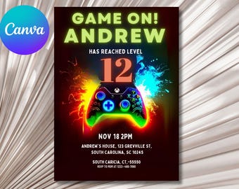 Editable Video Game Birthday Invitation: Neon Gamer Party (Instant Download)