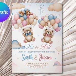 Könnte beinhalten: Eine Einladung zu einer Gender-Reveal-Party in Blau- und Rosatönen. Die Einladung zeigt zwei Teddybären, die Ballons halten, mit dem Text "He or She?" und "Join us for gender reveal honoring Smith & Jessica".