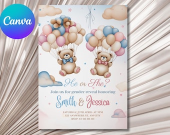 Teddy Bear Gender Reveal Invitation: Neutral Balloons (Editable Canva Template)
