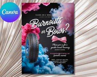 Könnte beinhalten: Eine Einladung zu einer Gender-Reveal-Party mit schwarzem Hintergrund und rosa und blauem Rauch. Der Text lautet "Burnouts oder Bows?" mit einem Reifen und einer rosa Schleife auf jeder Seite. Die Einladung enthält den Text "Bitte schließen Sie sich uns zu einer Gender-Reveal-Party zu Ehren von [Parents Names] an" und RSVP-Informationen.