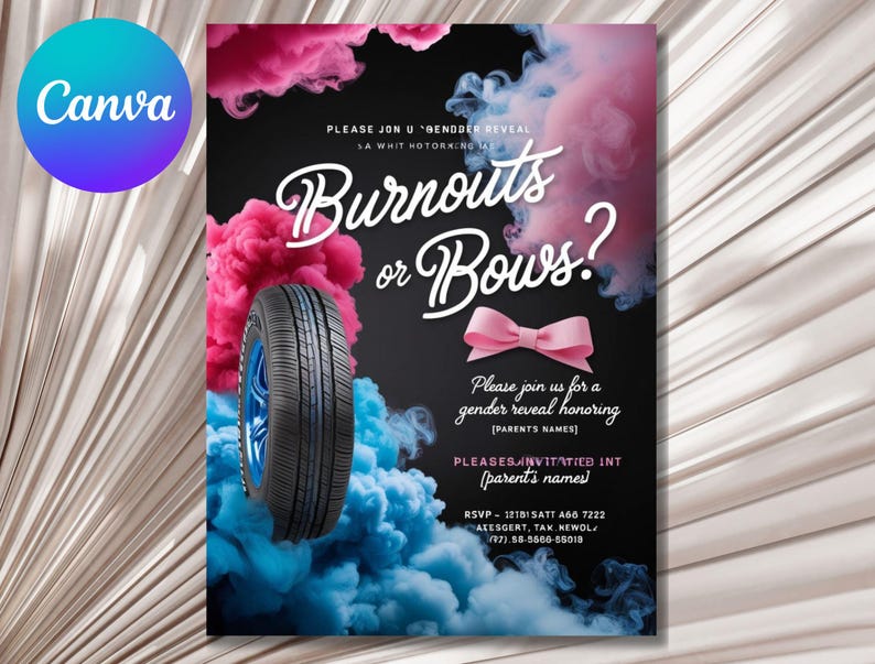 K&ouml;nnte beinhalten: Eine Einladung zu einer Gender-Reveal-Party mit schwarzem Hintergrund und rosa und blauem Rauch. Der Text lautet "Burnouts oder Bows?" mit einem Reifen und einer rosa Schleife auf jeder Seite. Die Einladung enth&auml;lt den Text "Bitte schlie&szlig;en Sie sich uns zu einer Gender-Reveal-Party zu Ehren von [Parents Names] an" und RSVP-Informationen.
