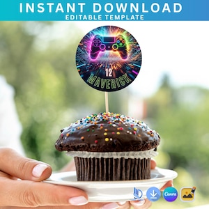 May include: A chocolate cupcake with colourful sprinkles, topped with a gaming-themed decoration. The decoration features a neon-coloured game controller design with the text "12 Maverick" and the words "Instant Download Editable Template".