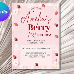 Berry First Birthday Invitation Template, Berry First Birthday Invitation, Berry First Birthday Invitation, Canva Editable