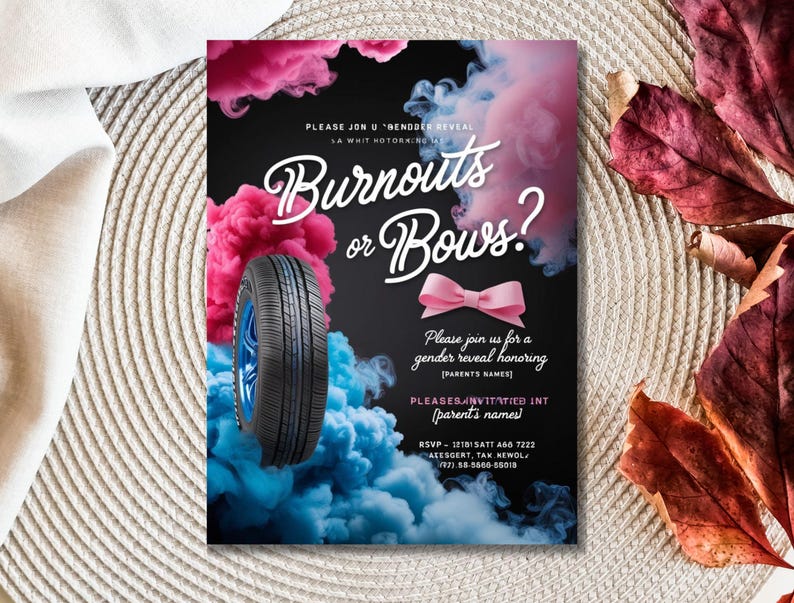 K&ouml;nnte beinhalten: Eine Einladung zu einer Gender Reveal Party mit schwarzem Hintergrund und rosa und blauem Rauch. Der Text lautet "Burnouts oder Bows?" mit einem Reifen und einer rosa Schleife. Die Einladung enth&auml;lt den Text "Bitte schlie&szlig;en Sie sich uns zu einer Gender Reveal Party zu Ehren von [Parents' Names] an"