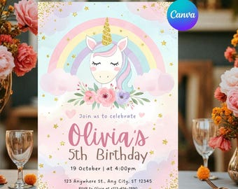 Unicorn Birthday Invitation | Rainbow Pastel Kids Birthday Party Invite | Editable Template (Canva)