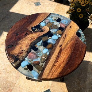 resin pebble wood table handmade pebble decor coffee table unique live edge end coffee table custom ocean design side table with metal legs