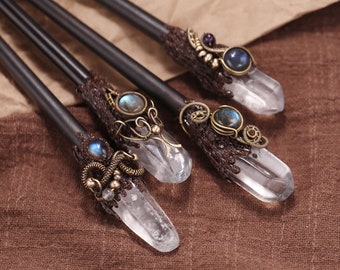 Wire Wrapped Wooden Magic Wand Chopstick Hairpin white Crystal Labradorite Handcraft for Women