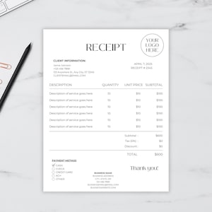 Receipt Template, Editable Receipt, Printable Small Business Receipt Template, Digital Receipt for Customer, Client Receipt Template