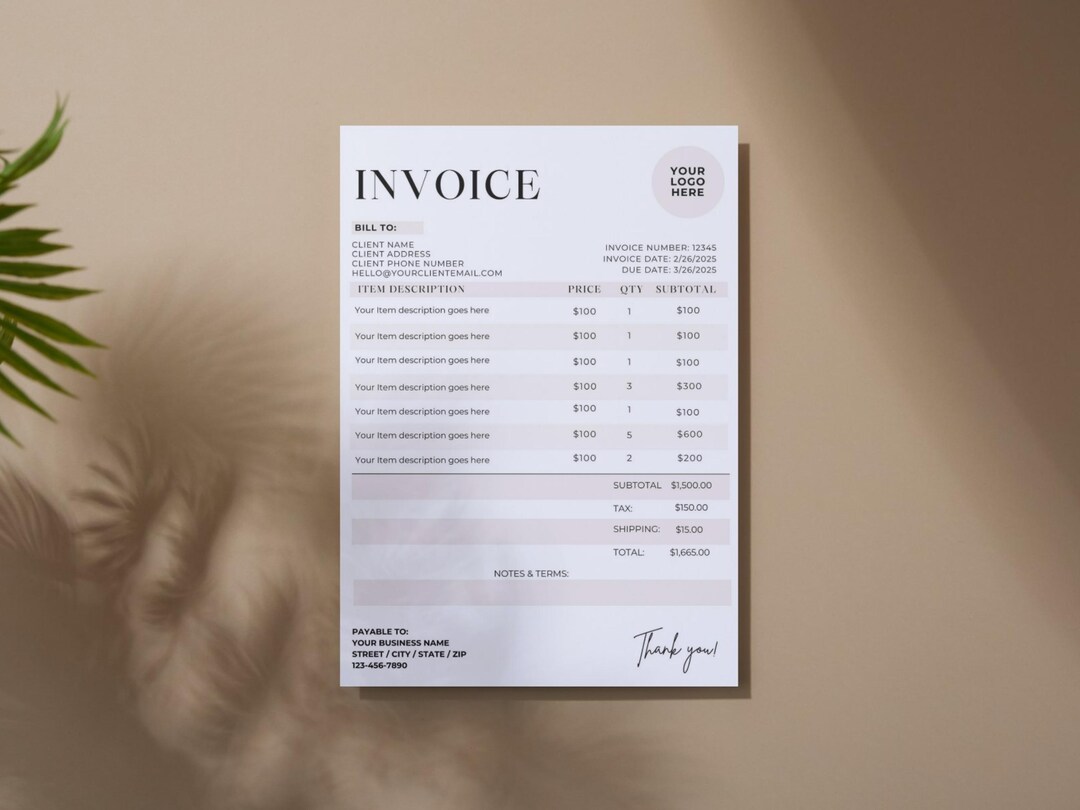 Invoice Template Editable, Digital Small Business Invoice, Printable ...