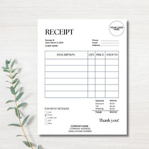 Receipt Template, Printable Receipt Template, Editable Receipt, Digital Receipt Template for Small Business, Receipt Form Editable