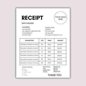 Receipt Template, Receipt for Small Business, Customer Receipt, Client Receipt, Receipt Form, Receipt for Services, Product Receipt Template
