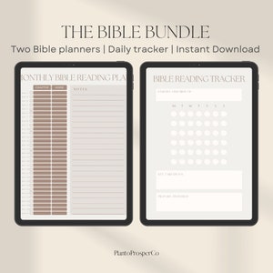 May include: Two printable digital planners for Bible study. The first planner is a monthly Bible reading plan with columns for chapter, verse, and notes. The second planner is a Bible reading tracker with a grid for marking days of the week and a section for key takeaways and prayers answered.