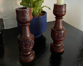 Pair, Vintage Hand Carved Teak Wood Candle Holders