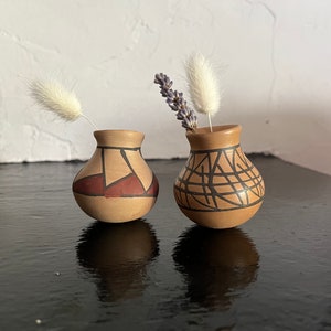 May include: Two small, tan-colored ceramic vases with rounded bodies and narrow necks. The left vase features dark brown geometric shapes and a red accent. The right vase displays a dark brown cross-hatched pattern. Both contain dried plant stems.