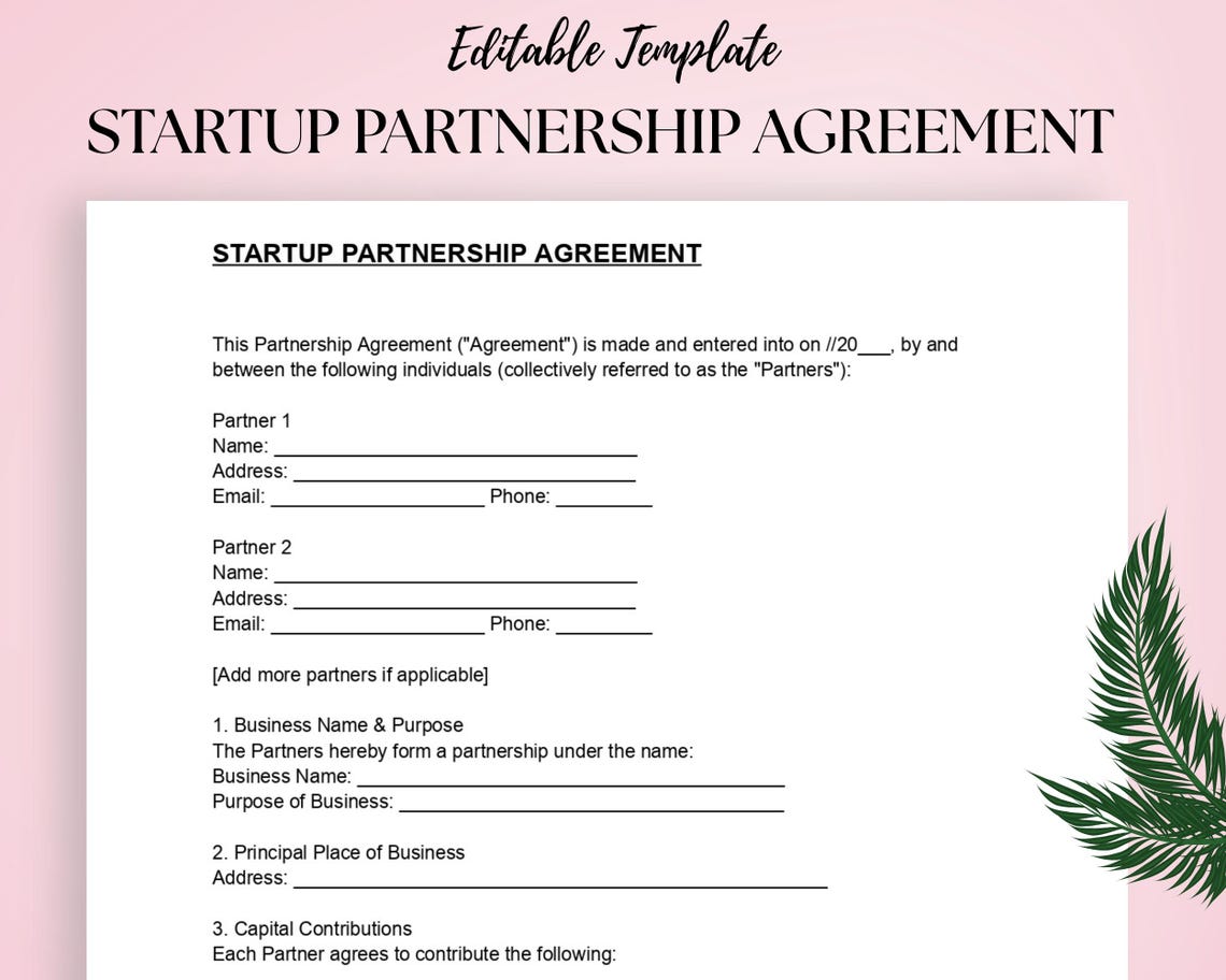 Startup Partnership Agreement Template Founders Agreement Editable DOC ...
