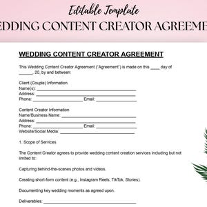 Wedding Content Creator Agreement Template: Photography & Videography Rights (Digital Download)