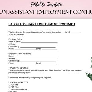 Mall för anställningsavtal för salongsassistent | Redigerbar DOC och PDF | Anställningsavtal för hår, skönhet och spa