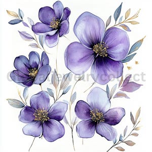 Abstract Flowers Clipart, Purple Flowers, Printable Watercolor Clipart ...