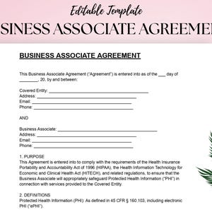 Könnte beinhalten: Eine druckbare Vorlage für eine Business Associate Agreement. Das Dokument enthält eine Kopfzeile mit dem Text "Editable Template" und "BUSINESS ASSOCIATE AGREEMENT". Die Vereinbarung enthält Abschnitte für Informationen zur Covered Entity und zum Business Associate.