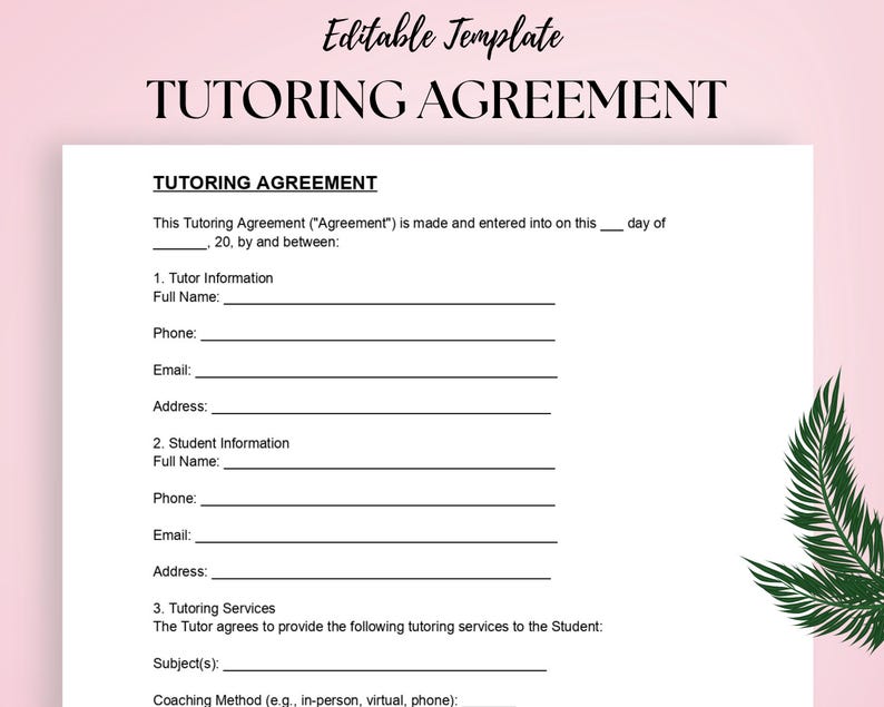 Tutoring Agreement Template | Private Tutor Contract | Editable Word ...