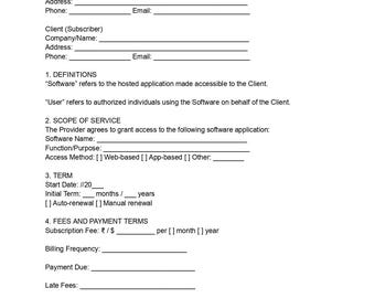 Software as a Service Agreement Template Cloud Software License  Subscription Contract Editable DOC PDF