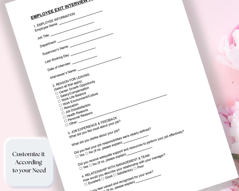 Separation Interview Form Employee Exit Interview Form Template: Customizable HR Questionnaire ...
