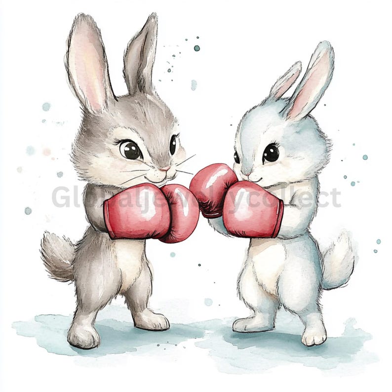 Bunny and Wolf Clipart, Bunny Boxing, Box, Printable Watercolor Clipart ...