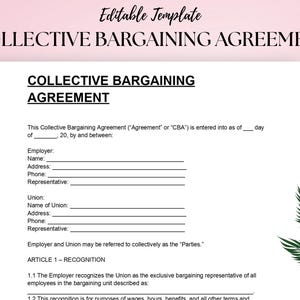 Può includere: Un documento bianco intitolato "COLLECTIVE BARGAINING AGREEMENT" con campi compilabili per le informazioni sul datore di lavoro e sul sindacato. Il documento include il testo "ARTICLE 1 - RECOGNITION" su sfondo rosa con una felce verde.
