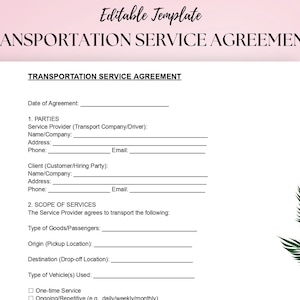 May include: A Transportation Service Agreement template with the title at the top. The document includes sections for parties involved, scope of services, and other details. The background is white with a pink border and a green leaf design.