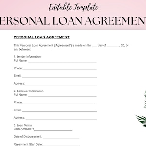 Personal Loan Agreement Template | Borrower & Lender Contract | Editable Word , PDF Document