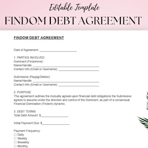 May include: A white document titled "FINDOM DEBT AGREEMENT" with fillable fields for parties involved, debt terms, and payment frequency. The document includes the text "Editable Template" at the top and a decorative palm frond.