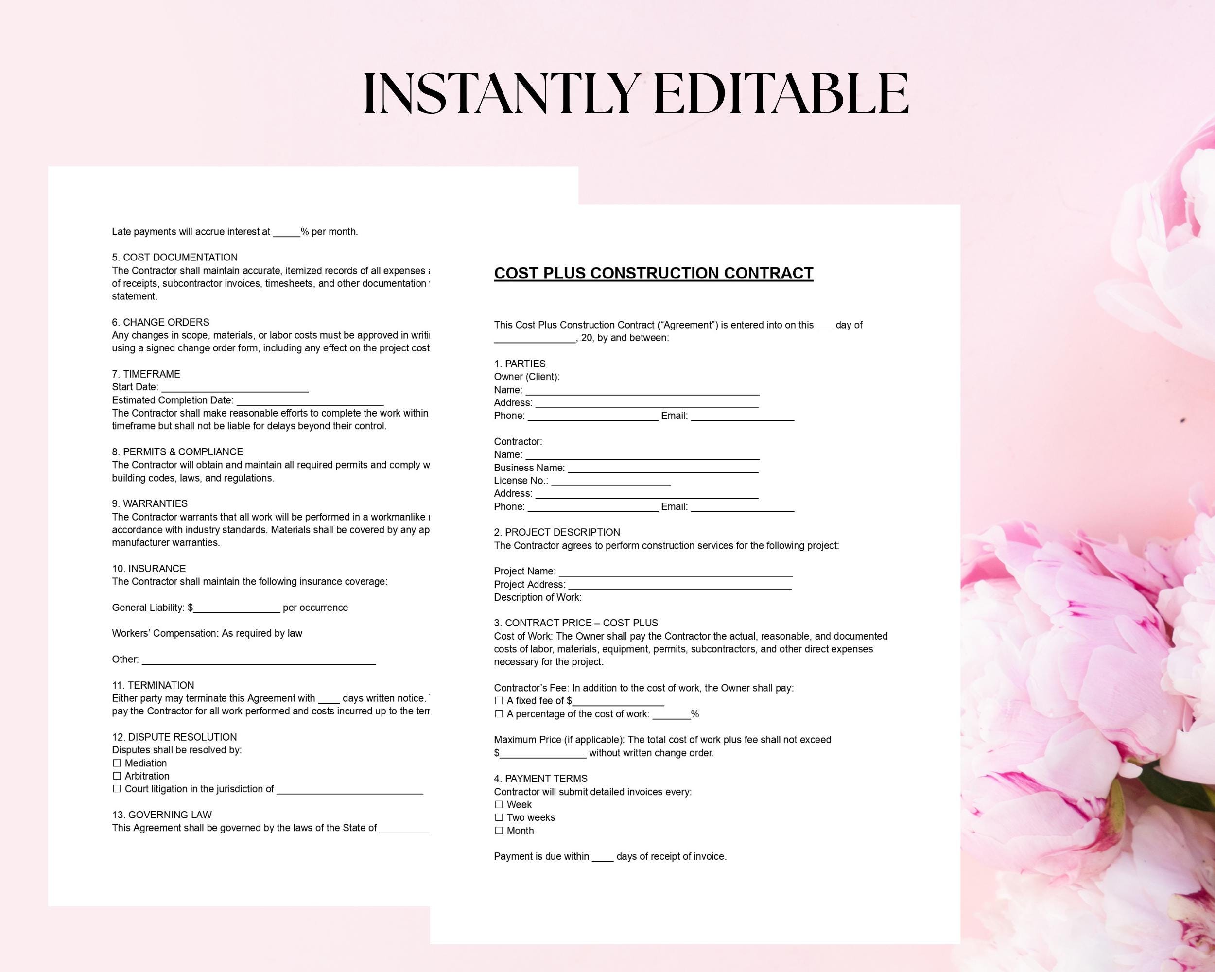Cost Plus Construction Contract Template | Editable Word and PDF ...