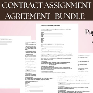 May include: A Contract Assignment Agreement Bundle with the title at the top of the image. The bundle includes four pages of legal documents with fillable fields for names, addresses, and other information. The text is in black on a white background.